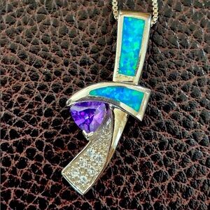 Elegant Silver Pendant with Blue Opal & Amethyst Accents